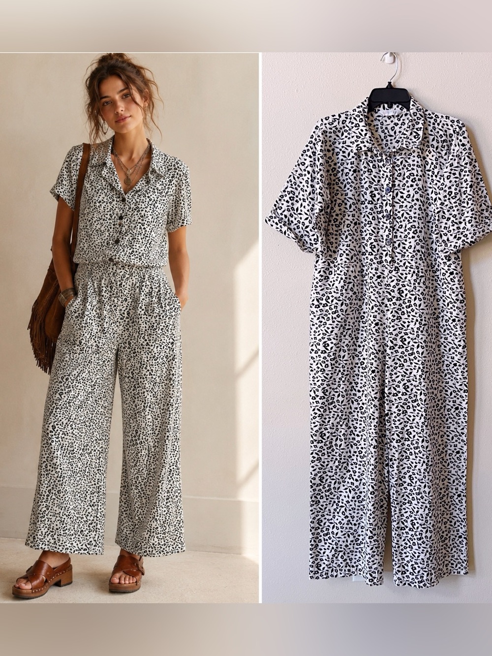 Compania Fantastica Cotton Jumpsuit Women’s Medium Wide Leg Pockets White Floral